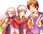  axis_powers_hetalia black_hair blonde_hair blue_eyes brown_eyes france_(hetalia) prussia_(hetalia) red_eyes scarf short_hair spain_(hetalia) 