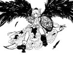  animal_ears bad_id bad_pixiv_id bird_wings detached_sleeves feathers frills greyscale hat inazakura00 inubashiri_momiji leaf monochrome shield short_hair solo sword tokin_hat touhou weapon white_background wings wolf_ears 