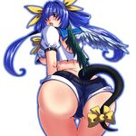  arc_system_works ass blue_hair blush dizzy guilty_gear kent_(kariumu) looking_back shorts tail wings 