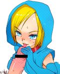  1girl bare_shoulders bell bell_collar blonde_hair blue_eyes censored collar doraemon doraemon_(character) elbow_gloves gloves hetero hood licking nbo open_mouth penis personification petite short_hair smile solo_focus sweat tongue tongue_out 