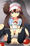  1girl absurdres angry bdsm black_legwear bondage bound brown_hair green_eyes hair_bun highres jewelry kotomuke_fuurin long_hair looking_at_viewer mei_(pokemon) navel necklace pantyhose peril photoshop pokemon pokemon_(game) pokemon_bw2 raglan_sleeves ribbon scratch sitting skirt smile solo spread_legs tears torn_clothes very_long_hair visor_cap voltorb 