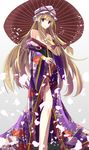  alternate_costume aosaki_yukina bad_id bad_pixiv_id bare_legs bare_shoulders blonde_hair cherry_blossoms flower frown hair_flower hair_ornament hair_ribbon hat hat_ribbon holding japanese_clothes kimono legs long_hair long_legs obi off_shoulder oriental_umbrella petals purple_eyes ribbon sash sidelocks solo thighs touhou umbrella very_long_hair wardrobe_malfunction wide_sleeves yakumo_yukari 