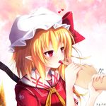  adapted_costume blonde_hair blood blush bow crystal finger_licking flandre_scarlet ginzake_(mizuumi) hair_bow hands hat heart laevatein licking pointy_ears red_eyes saliva side_ponytail solo sweatdrop touhou trembling wings 