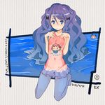  &gt;_o ;d barefoot blue_eyes blue_hair blush_stickers bow casual_one-piece_swimsuit character_request gradient_hair hair_bow kneeling long_hair multicolored_hair multiple_girls nakahara_(teriyaki) navel one-piece_swimsuit one_eye_closed open_mouth original purple_hair short_hair smile sweat swimsuit teriyaki translated water wavy_mouth wet 