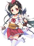  :d animal_ears bad_id bad_pixiv_id bare_shoulders black_hair blush fan geta holding looking_at_viewer open_mouth original pink_eyes simple_background skirt smile solo tengu thighhighs umeboshitora white_background white_legwear wings 