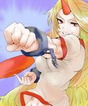  bad_id bad_pixiv_id blonde_hair breasts clenched_hand cuffs cup evil_grin evil_smile grin horn hoshiguma_yuugi large_breasts long_hair midriff muscle oni red_eyes sakazuki sharp_teeth simple_background smile solo somsom teeth touhou very_long_hair 