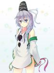  adapted_costume armpit_crease bare_shoulders blue_eyes blush bottomless breasts collarbone detached_sleeves hat japanese_clothes kariginu long_hair mononobe_no_futo mumyuu no_pants ponytail silver_hair simple_background small_breasts smile solo tate_eboshi touhou wide_sleeves 
