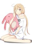  bad_id bad_pixiv_id barefoot blonde_hair blush brown_eyes clothes_writing full_body futaba_anzu highres idolmaster idolmaster_cinderella_girls keikei_(kitty_colors) long_hair off_shoulder one_eye_closed shirt simple_background sitting solo stuffed_animal stuffed_toy t-shirt twintails wariza white_background you_work_you_lose 