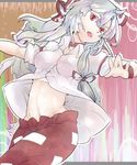  bad_id bad_pixiv_id baggy_pants bandages choker fujiwara_no_mokou hair_ornament hair_ribbon looking_at_viewer midriff navel pants red_eyes ribbon sarashi shirt short_sleeves solo somsom touhou unbuttoned white_hair wristband 