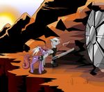  blue_eyes clothing cloudy_melody cutie_mark door equine fallout female feral friendship_is_magic fur grey_fur hair hereticofdune horn horse magic male mammal mountain musical_note my_little_pony original_character pegasus pink_eyes pony purple_fur red_hair shirt silver_cloud simple_background sun sunset sword unicorn weapon white_hair wings 