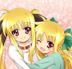  alicia_testarossa blonde_hair blush fate_testarossa hair_ribbon lyrical_nanoha mahou_shoujo_lyrical_nanoha mahou_shoujo_lyrical_nanoha_a's multiple_girls red_eyes ribbon siblings sisters smile tears twintails yorousa_(yoroiusagi) 