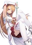  arm_up armpits asuna_(sao) brown_eyes brown_hair detached_sleeves gloves holding izumi_sai long_hair looking_at_viewer simple_background skirt solo sword sword_art_online thighhighs weapon white_background white_legwear 