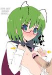  1boy 1girl :t antennae bespectacled blush breasts censored convenient_censoring flat_chest glasses green_eyes green_hair hard_translated itou_life naizuri nipples open_clothes open_shirt paizuri penis shirt short_hair touhou translated trembling white_background wriggle_nightbug 