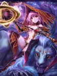  armor claws earrings edobox elbow_gloves fur gloves holding horns jewelry lion monster navel orange_eyes original pale_skin parted_lips pink_hair sitting sitting_on_person sorceress staff thighhighs 