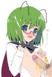  1girl androgynous antennae bespectacled blue_eyes blush breasts cum cum_on_hair ejaculation facial glasses green_hair hard_translated itou_life naizuri nipples open_clothes open_mouth open_shirt penis pubic_hair shirt short_hair small_breasts taiki touhou translated uncensored white_background wriggle_nightbug 