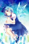  blue_dress blue_eyes blue_hair bow cirno dress hair_bow kohaku. looking_at_viewer open_mouth puffy_sleeves shirt short_hair short_sleeves solo touhou wings 