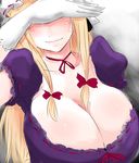  blonde_hair blush bow breasts choker cleavage covering_eyes covering_face embarrassed gloves hair_bow han_(jackpot) hat huge_breasts light_smile sketch solo sweatdrop touhou twintails upper_body white_gloves yakumo_yukari 