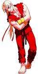  90s armor barefoot bengus blonde_hair blue_eyes capcom crossed_arms dougi eyebrows hair_ribbon japanese_armor ken_masters kote long_hair male male_focus muscle official_art ponytail ribbon smile solo street_fighter thick_eyebrows torn_clothes torn_sleeves x-men_vs_street_fighter 