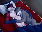  anthro balls beard bed biceps blanket blue_fur blue_hair bulge canine canine_penis claws couple cuddling cute duo ear_piercing eclipsewolf eyes_closed facial_hair fangs flaccid fox fur gay grey_hair gripping hair holding hug kravn_(character) love lying male mammal muscles nude on_back on_side pecs penis piercing pillow pose red_fur sheath sjego sleeping tattoo white_fur wolf 