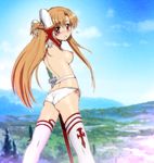  1girl ass asuna_(sao) back bare_shoulders belt blush breasts brown_eyes brown_hair detached_sleeves female harukigenia lace_panties large_breasts long_hair looking_at_viewer nipples open_mouth outdoors outside panties sword sword_art_online thighhighs underwear weapon white_legwear white_panties yuuki_asuna 