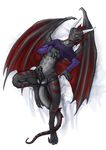  balls big_penis black_penis bottomless clothed clothing cum dragon erection half-dressed horn male masturbation penis plain_background reptile scalie solo soulhunter_amras unknown_artist wings yellow_eyes 