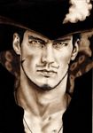  1boy black_hair dracule_mihawk facial_hair hat hat_feather jewelry looking_at_viewer male male_focus mustache necklace one_piece open_clothes open_shirt photorealistic popped_collar realistic shichibukai shirt signature solo yellow_eyes 