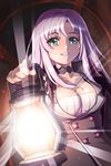  aqua_eyes breasts cape cat_shi choker collarbone grin holding lantern large_breasts long_hair lowres open_mouth parted_lips pink_hair shiny shiny_skin smile solo sword_girls very_long_hair 