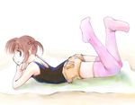  brown_hair jason_(kaiten_kussaku_kikou) lying lyrical_nanoha on_stomach short_hair short_shorts shorts smile solo takamachi_nanoha thighhighs 