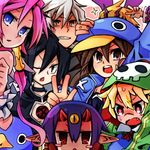  3girls 4boys axel_(disgaea) brown_hair desco desco_(disgaea) disgaea emizel fenrich hat kamuoka kazamatsuri_fuuka lowres makai_senki_disgaea_4 multiple_boys multiple_girls nippon_ichi pink_hair prinny purple_hair red_eyes valvatorez_(disgaea) vulcanus_(disgaea_4) 