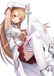  :o armpits asuna_(sao) brown_eyes brown_hair elbow_gloves gloves izumi_sai long_hair long_legs open_mouth panties revision simple_background skirt solo sword sword_art_online thighhighs underwear v-shaped_eyebrows weapon white_background white_legwear white_panties 