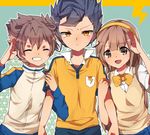  2boys bad_id bad_pixiv_id blue_hair brown_eyes brown_hair hairband inazuma_eleven_(series) inazuma_eleven_go inazuma_eleven_go_chrono_stone lightning_bolt long_hair mari03mo matsukaze_tenma multiple_boys nanobana_kinako orange_hairband raimon raimon_soccer_uniform school_uniform short_hair smile soccer_uniform sportswear sweater_vest track_suit tsurugi_kyousuke yellow_eyes 