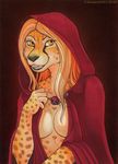  cleavage clothed clothing feline female hood little_red_riding_hood looking_at_viewer mammal shinigamigirl skimpy solo 