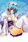  absurdres blue_hair breasts carnelian censored chouun cleavage cleavage_cutout convenient_censoring hair_intakes hat highres japanese_clothes kimono koihime_musou long_hair no_panties obi ponytail puffy_sleeves red_eyes scan see-through short_kimono sitting solo thighhighs wet wet_clothes white_legwear wide_sleeves 
