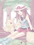  bag bare_shoulders blue_(pokemon) brown_eyes brown_hair caterpie forest gen_1_pokemon hat kneehighs log long_hair nature open_mouth pikachu pokemon pokemon_(creature) pokemon_(game) pokemon_frlg sidelocks sitting skirt smile sutera_(tegaki) tegaki tree vs_seeker wristband 