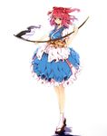  absurdres baisi_shaonian collarbone hair_bobbles hair_ornament highres obi onozuka_komachi red_eyes red_hair sash scythe short_hair short_sleeves smile solo touhou two_side_up weapon white_background 