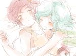  blush closed_eyes green_hair incest komeiji_koishi komeiji_satori lying lying_on_person meeko multiple_girls on_back open_mouth pink_eyes pink_hair short_hair siblings sisters sketch smile sweat tank_top touhou yuri 