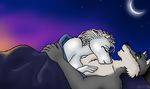  anthro camping canine digital duo embrace gravewalker mammal moon night sleeping_bag smile stickypaws stickywulf white wolf 