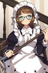  apron aqua_eyes black-framed_eyewear blush bow braid brown_hair frills frown glasses holding karpin long_hair lowres maid maid_headdress mop mop_maid ribbon semi-rimless_eyewear solo stairs sword_girls twin_braids under-rim_eyewear very_long_hair 