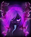  abstract_background creepy equine fangs female fur hair horse imalou long_tongue looking_at_viewer mammal monochrome my_little_pony original_character pony purple_eyes purple_fur purple_hair purple_theme solo tongue tongue_out zephyr_maelstrom_(mlp) 
