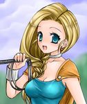  :d bianca blonde_hair blue_eyes braid breasts cape chiru choker cleavage dragon_quest dragon_quest_v earrings hair_over_shoulder jewelry long_hair medium_breasts open_mouth single_braid smile solo whip 