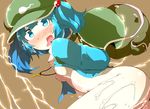  bag blue_eyes blue_hair blush bottomless breasts collagen cum cum_on_body cum_on_lower_body hair_bobbles hair_ornament kawashiro_nitori nipples open_mouth partially_submerged short_hair small_breasts solo touhou water wavy_mouth 
