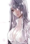  apt armor armored_core bangs breasts center_opening character_request cleavage hair_over_one_eye large_breasts lips long_hair purple_eyes see-through silver_hair simple_background solo swept_bangs tears upper_body water water_drop 