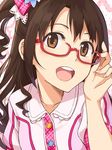  adjusting_eyewear blush brown_eyes brown_hair face glasses half_updo idolmaster idolmaster_cinderella_girls long_hair one_side_up open_mouth pink_check_school portrait shimamura_uzuki solo yuuhi_(ages) 