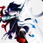  asymmetrical_wings black_hair black_legwear houjuu_nue pointy_ears polearm red_eyes short_hair short_sleeves slit_pupils smile snake solo thighhighs touhou trident weapon wings yukizen 