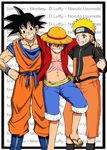  3boys black_hair blonde_hair blue_eyes character_name crossover dragon_ball hat male male_focus monkey_d_luffy multiple_boys naruto one_piece open_clothes open_shirt orange_pants red_shirt sandals sash scar shirt smile son_goku son_gokuu straw_hat wink zipper 