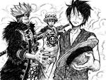  3boys eustass_captain_kid fighting_stance fuzzy_hat goggles gun handgun hat hat_removed headwear_removed knife looking_at_viewer male male_focus male_only monkey_d_luffy monochrome multiple_boys one_piece pen_(medium) pistol raglan_sleeves sabaody_archipelago scabbard scar sheath straw_hat supernova sword trafalgar_law weapon 