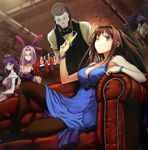  3girls ;) alcohol animal_ears aozaki_aoko bare_shoulders between_breasts black_skin blue_eyes bracelet breasts bridal_gauntlets brown_hair bunny_ears butler champagne choker cleavage company_connection couch dress drink fate/stay_night fate/zero fate_(series) glass gown hair_intakes hat highres jewelry large_breasts mahou_tsukai_no_yoru mask matou_sakura matou_zouken mini_hat multiple_boys multiple_girls non-web_source one_eye_closed pantyhose purple_eyes purple_hair reclining rider smile task_owner time_paradox true_assassin type-moon 