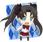  argyle argyle_background black_hair black_legwear blue_eyes chibi fate/zero fate_(series) hair_ribbon long_hair lowres ribbon skirt smile solo thighhighs toosaka_rin twintails ximsol182 