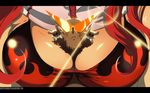  \m/ animal animal_between_breasts artist_name between_breasts bikini_top boota bracelet breasts cleavage flame_print head_out_of_frame highres jewelry kamina_shades large_breasts long_hair metalhanzo red_hair scarf spiked_bracelet spikes tengen_toppa_gurren_lagann watermark web_address yoko_littner 