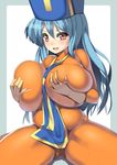  between_breasts blue_hair bodysuit breast_lift breasts dragon_quest dragon_quest_iii huge_breasts long_hair mitre nagase_haruhito orange_bodysuit plump priest_(dq3) red_eyes skin_tight solo tabard 